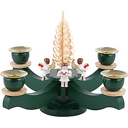 Adventsleuchter grün vier sitzende Engel mit Spanbaum  -  22x19cm