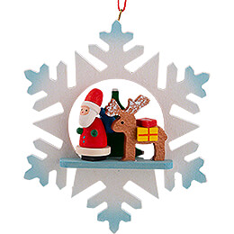 Christbaumschmuck Schneeflocke Weihnachtsmann mit Rentier  -  9,0x9,0cm
