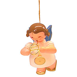 Tree Ornament  -  Angel with Flugelhorn  -  Blue Wings  -  Floating  -  5,5cm / 2,1 inch