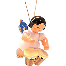 Tree Ornament  -  Floating Angel with Bongo Drums  -  Blue Wings  -  5,5cm / 2.2 inch